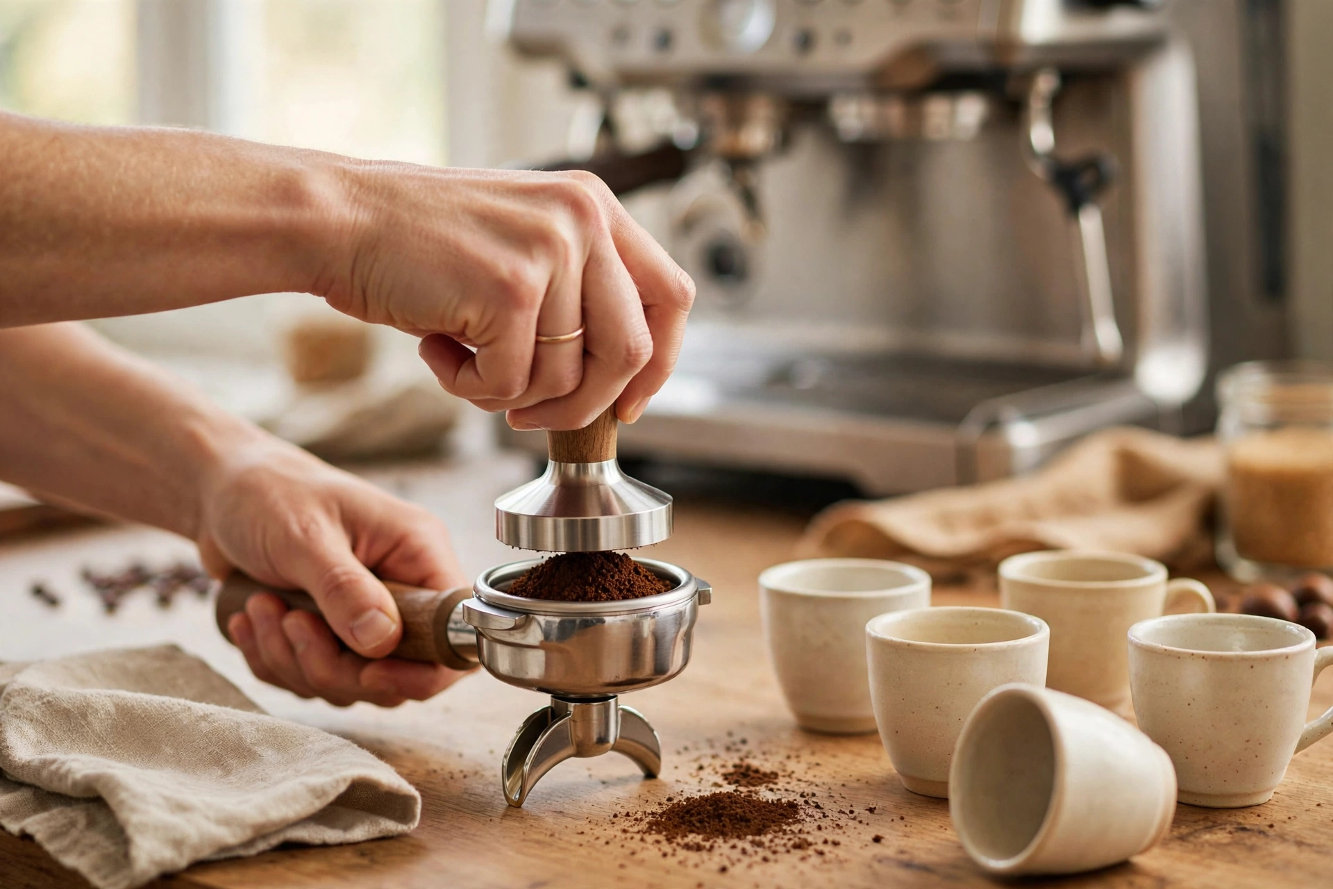 Hands tamping ground coffee into an espresso portafilter