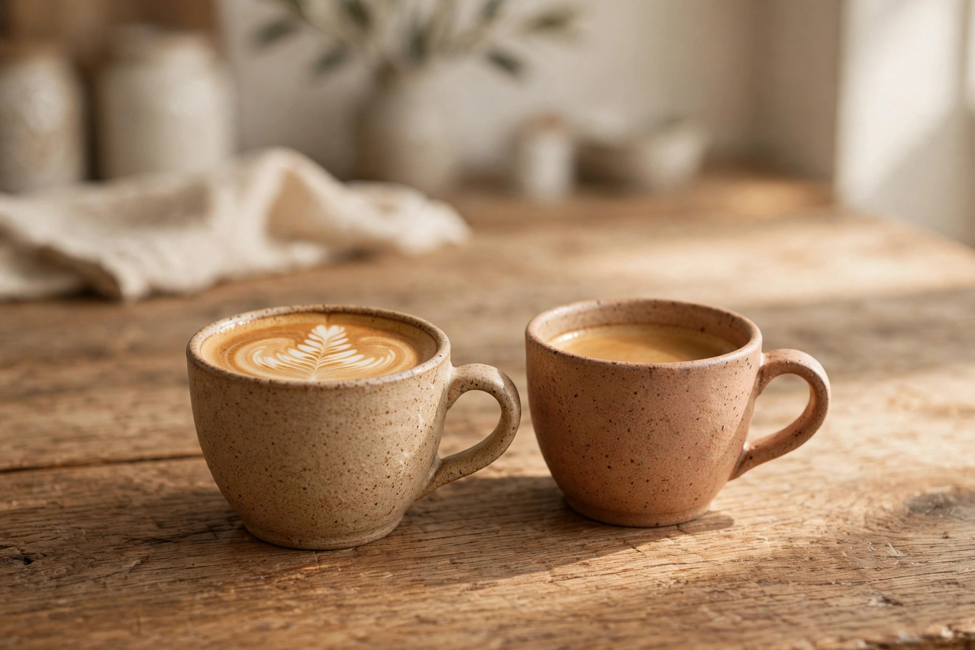 Two ceramic espresso cups with latte art on a wooden table