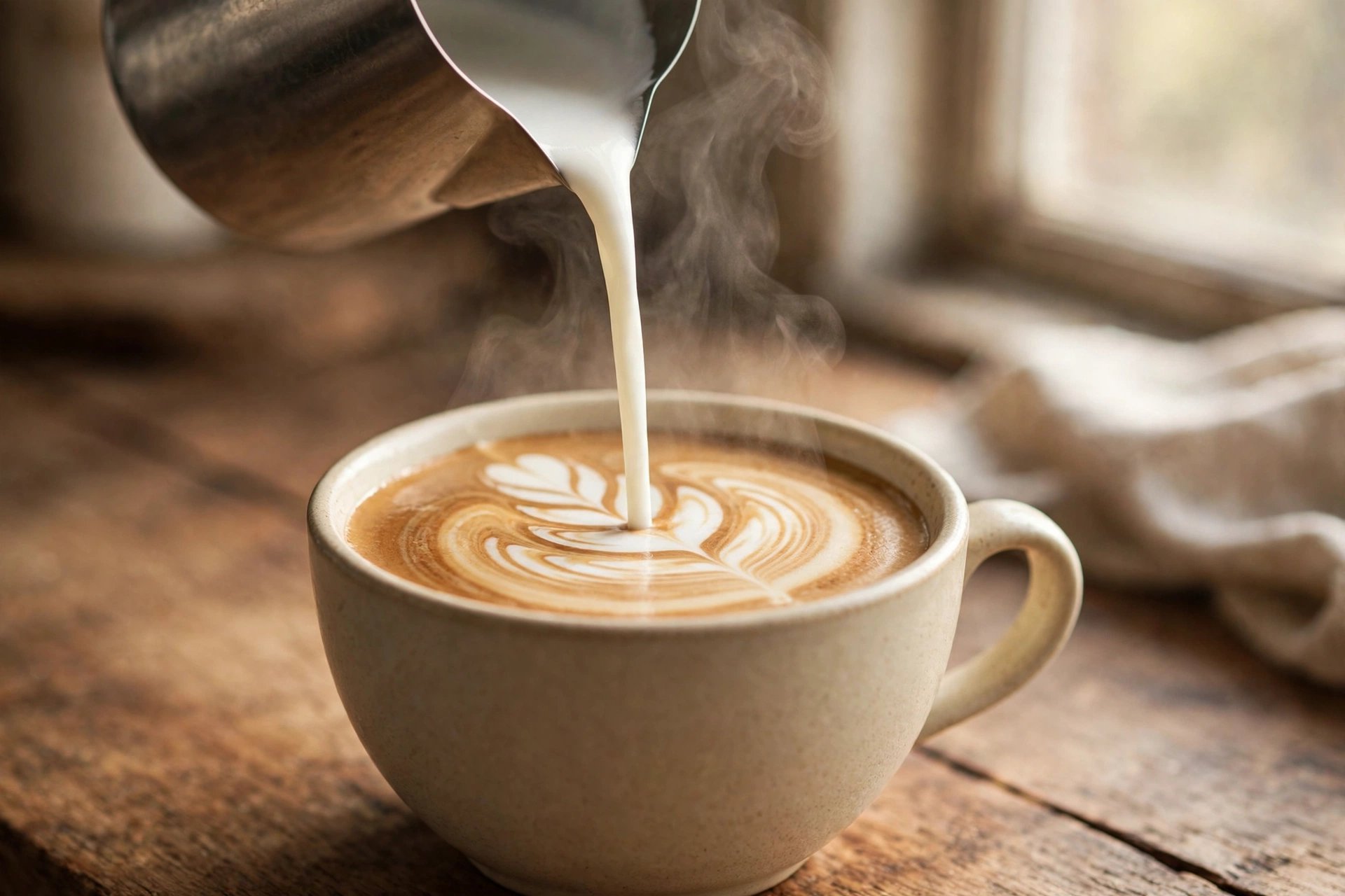 Steamed milk being poured to create rosetta latte art