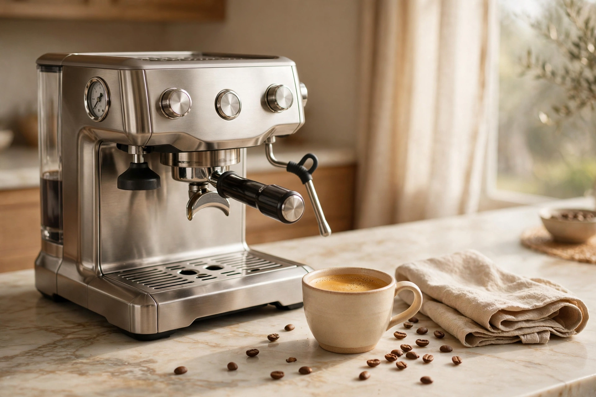 Stainless steel espresso machine with a cup of espresso on a marble kitchen counter